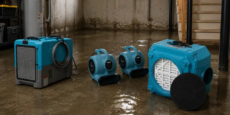 Air movers on a floor after standing water was extracted in Bedford, TX