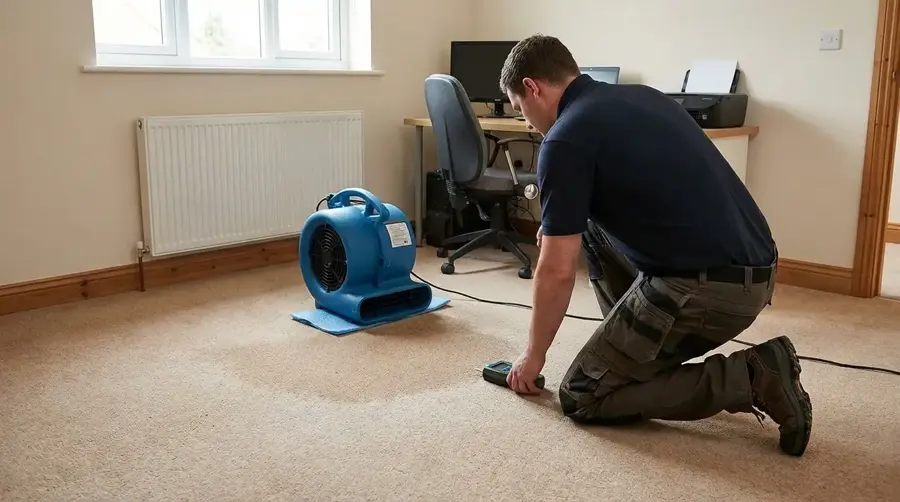 A technician setting an air mover during a Bedford, TX dry-out