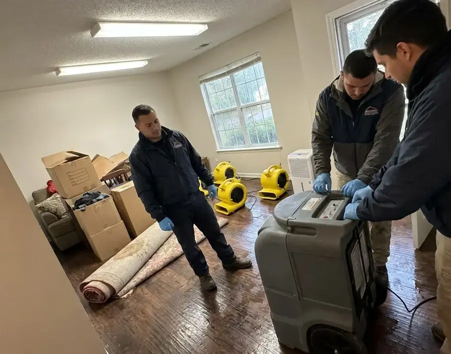 Technicians extracting water and clearing wet carpet in Bedford, TX